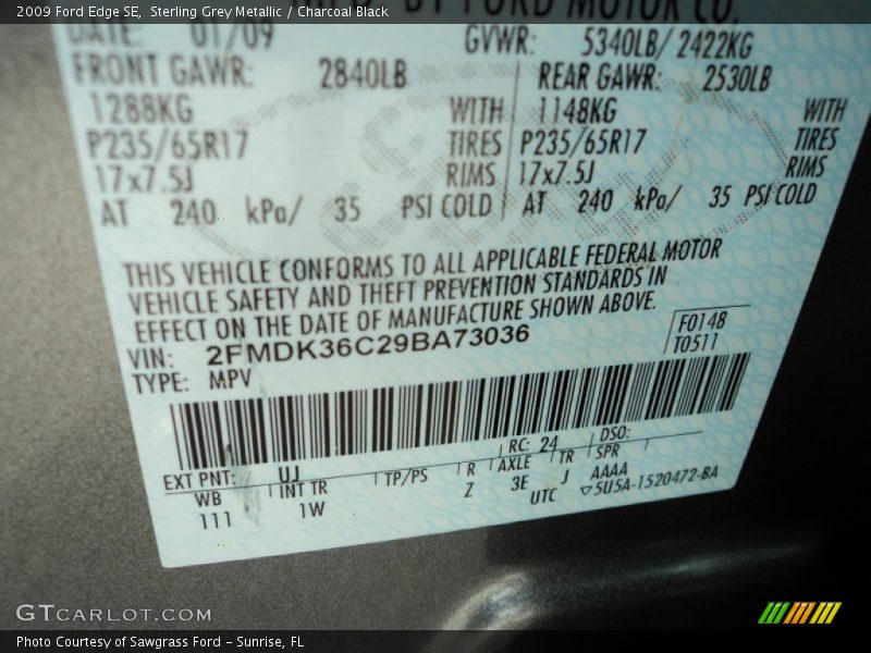 Sterling Grey Metallic / Charcoal Black 2009 Ford Edge SE