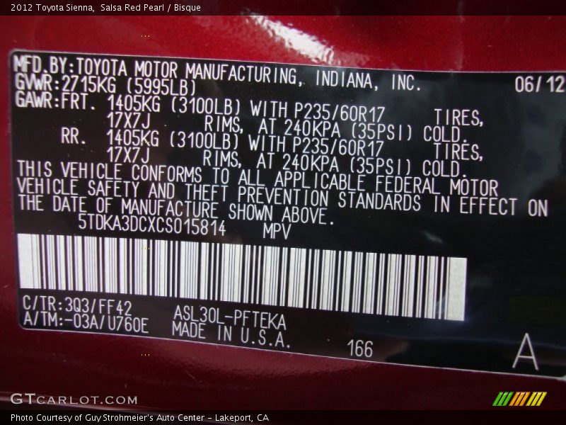 2012 Sienna  Salsa Red Pearl Color Code 3Q3