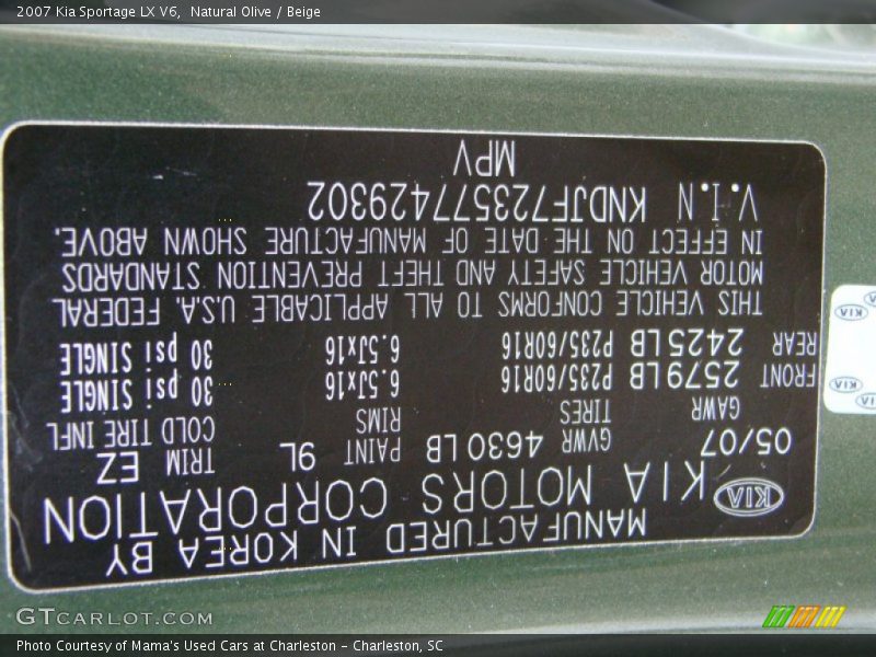 2007 Sportage LX V6 Natural Olive Color Code 9L
