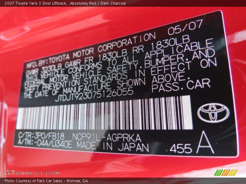 2007 Yaris 3 Door Liftback Absolutely Red Color Code 3P0