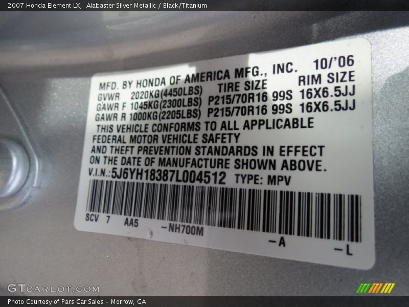 2007 Element LX Alabaster Silver Metallic Color Code NH700M