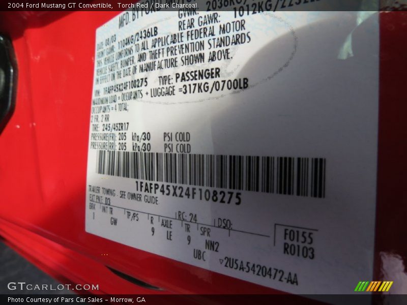 2004 Mustang GT Convertible Torch Red Color Code D3