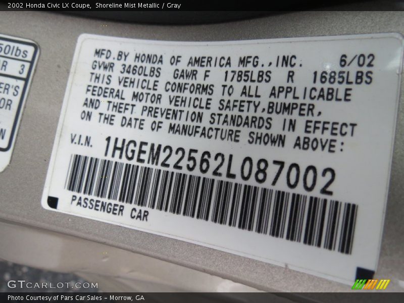 Shoreline Mist Metallic / Gray 2002 Honda Civic LX Coupe