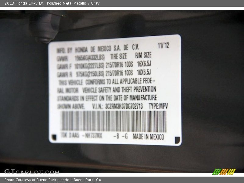 Polished Metal Metallic / Gray 2013 Honda CR-V LX