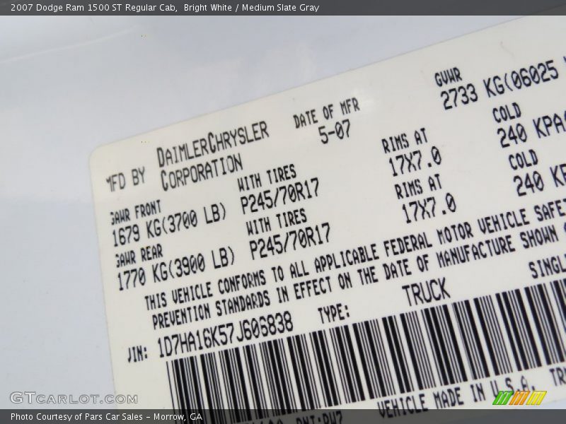 Bright White / Medium Slate Gray 2007 Dodge Ram 1500 ST Regular Cab