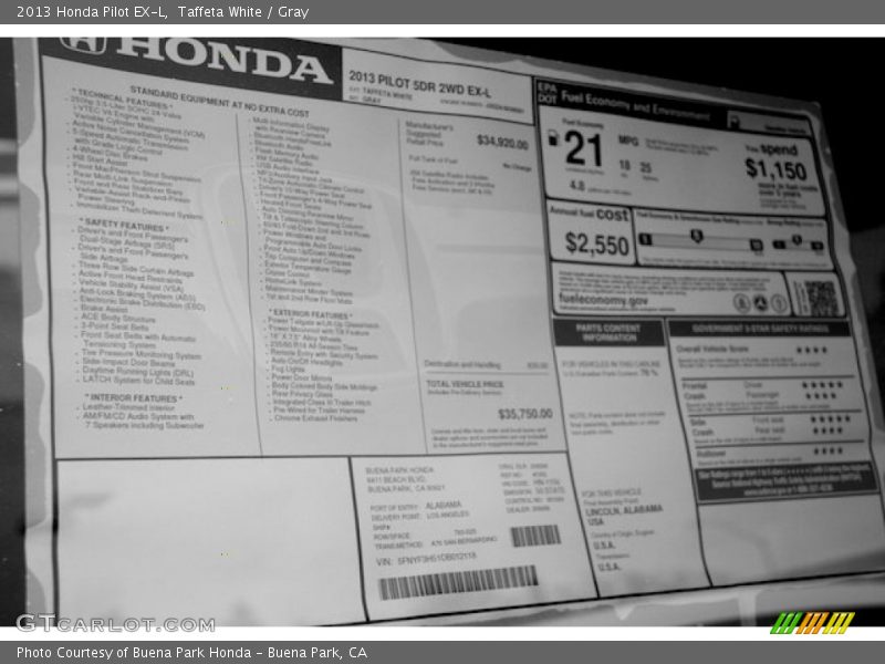 Taffeta White / Gray 2013 Honda Pilot EX-L