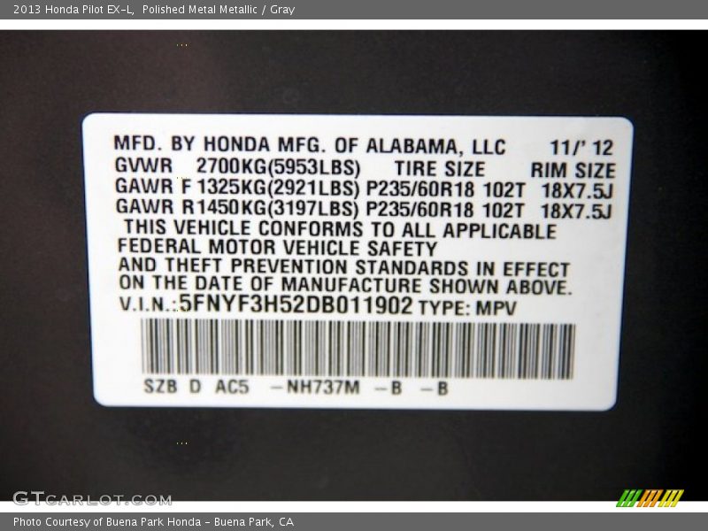 Polished Metal Metallic / Gray 2013 Honda Pilot EX-L