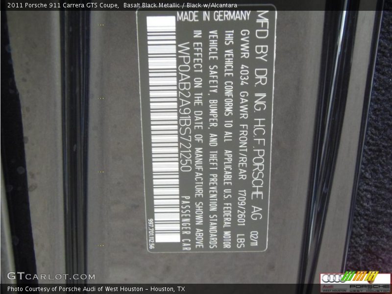 Basalt Black Metallic / Black w/Alcantara 2011 Porsche 911 Carrera GTS Coupe