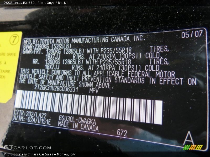 Black Onyx / Black 2008 Lexus RX 350