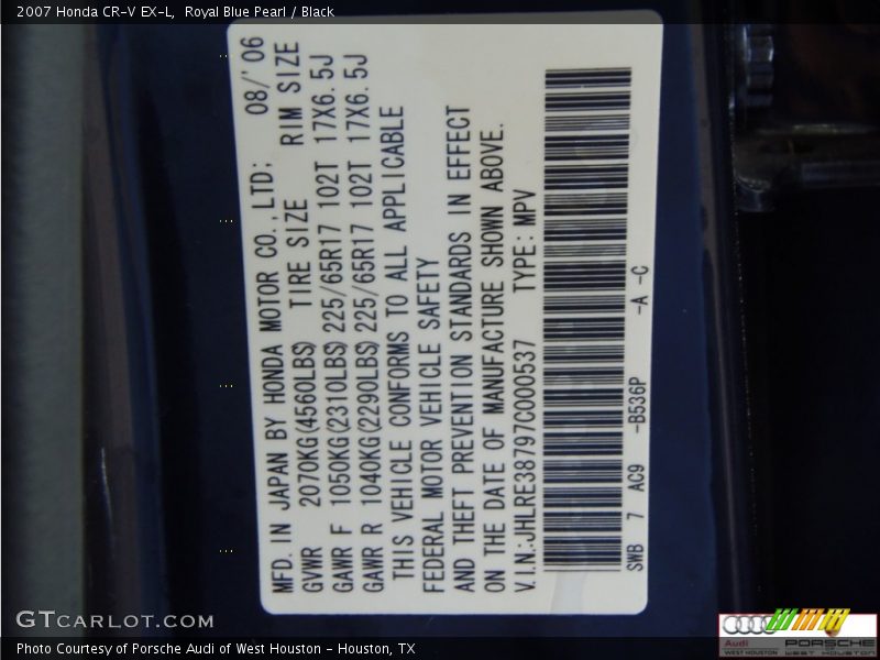 Royal Blue Pearl / Black 2007 Honda CR-V EX-L