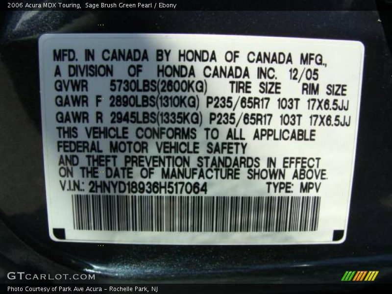 Sage Brush Green Pearl / Ebony 2006 Acura MDX Touring