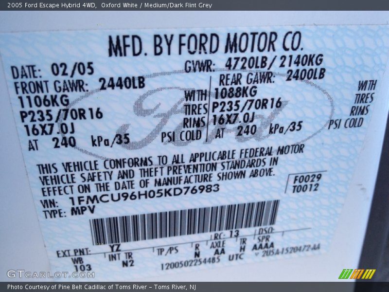 Oxford White / Medium/Dark Flint Grey 2005 Ford Escape Hybrid 4WD