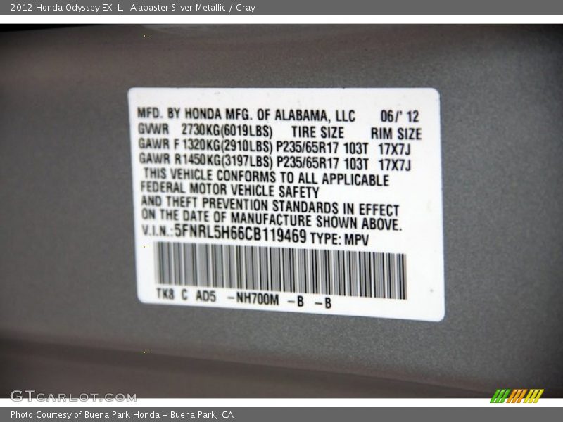 Alabaster Silver Metallic / Gray 2012 Honda Odyssey EX-L