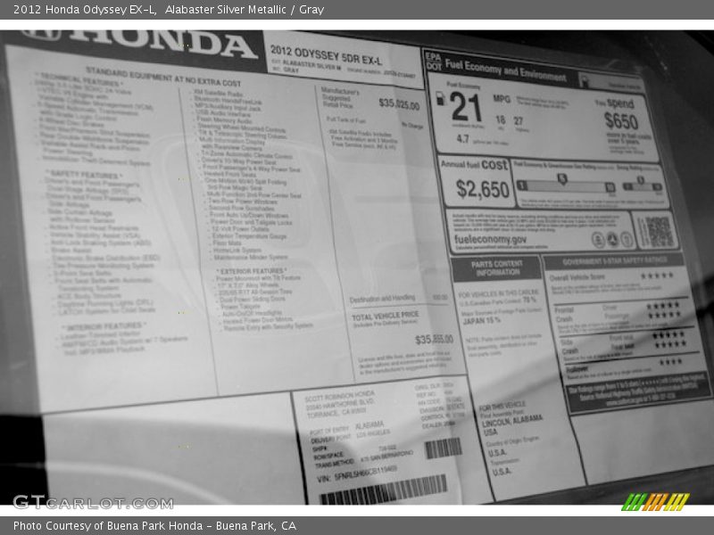 Alabaster Silver Metallic / Gray 2012 Honda Odyssey EX-L