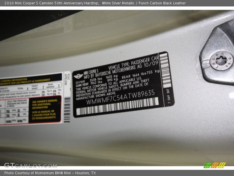 White Silver Metallic / Punch Carbon Black Leather 2010 Mini Cooper S Camden 50th Anniversary Hardtop