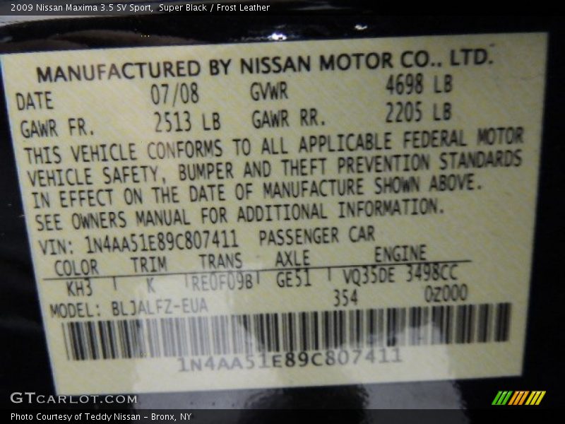 Super Black / Frost Leather 2009 Nissan Maxima 3.5 SV Sport