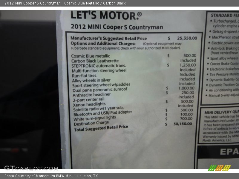 Cosmic Blue Metallic / Carbon Black 2012 Mini Cooper S Countryman