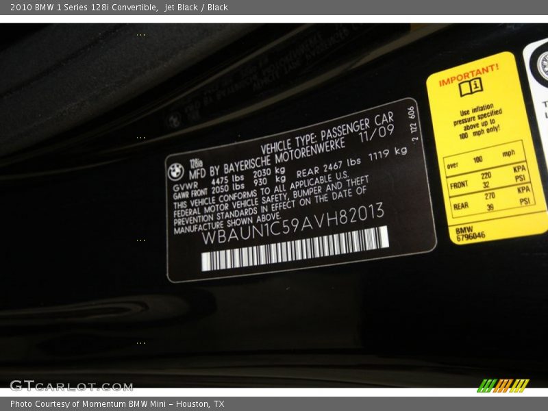 Jet Black / Black 2010 BMW 1 Series 128i Convertible
