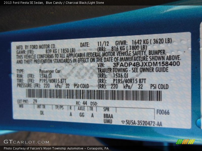 Blue Candy / Charcoal Black/Light Stone 2013 Ford Fiesta SE Sedan