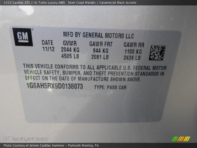 Silver Coast Metallic / Caramel/Jet Black Accents 2013 Cadillac ATS 2.0L Turbo Luxury AWD
