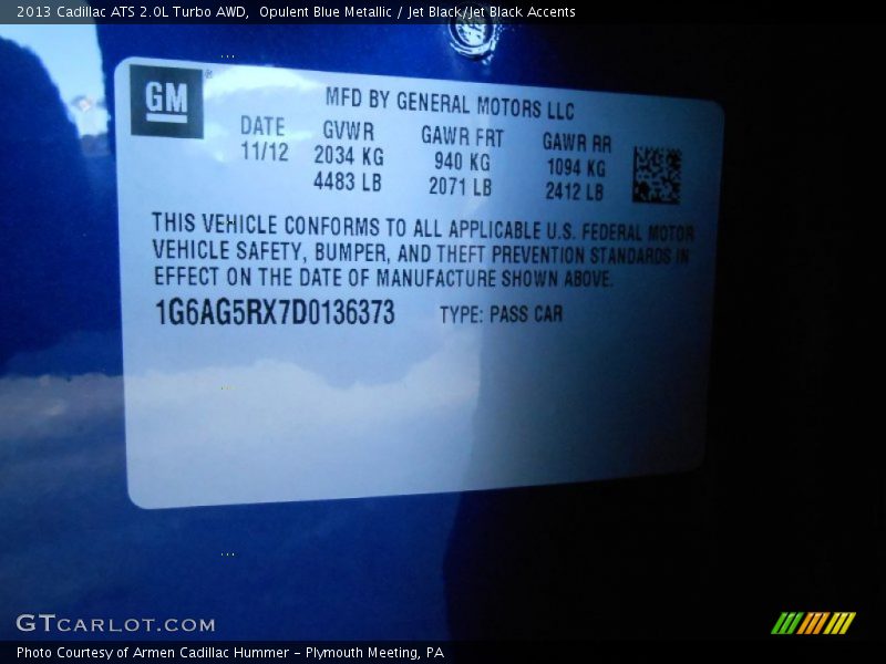 Info Tag of 2013 ATS 2.0L Turbo AWD