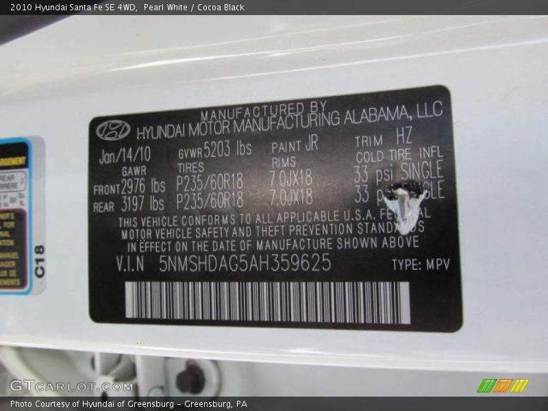 Pearl White / Cocoa Black 2010 Hyundai Santa Fe SE 4WD