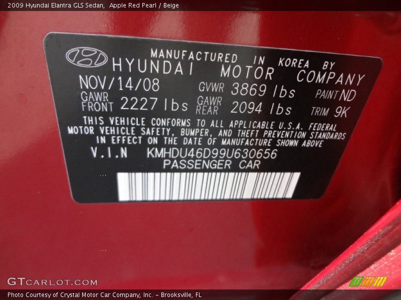 Apple Red Pearl / Beige 2009 Hyundai Elantra GLS Sedan