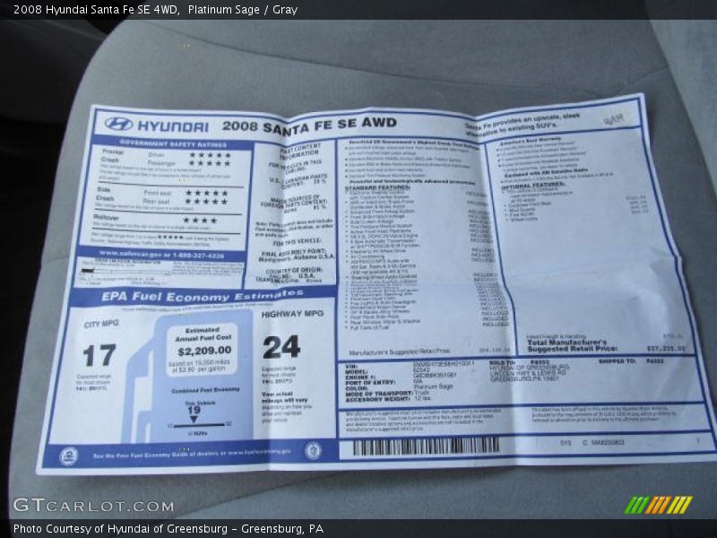 2008 Santa Fe SE 4WD Window Sticker
