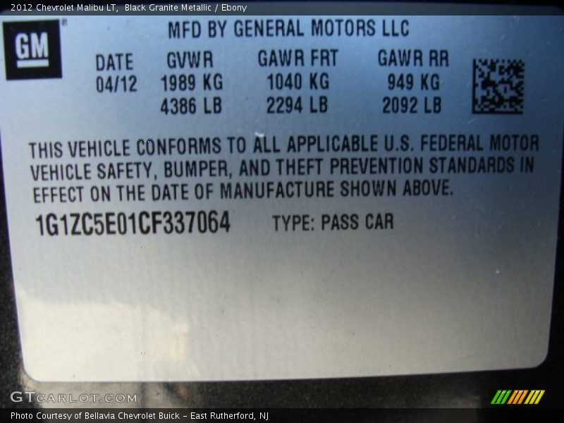 Black Granite Metallic / Ebony 2012 Chevrolet Malibu LT