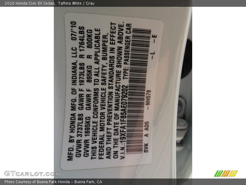 Taffeta White / Gray 2010 Honda Civic EX Sedan