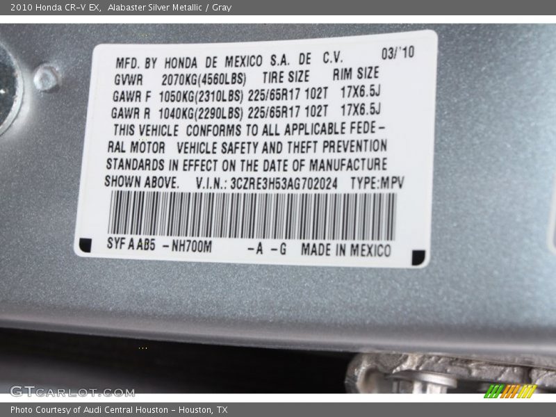 Alabaster Silver Metallic / Gray 2010 Honda CR-V EX
