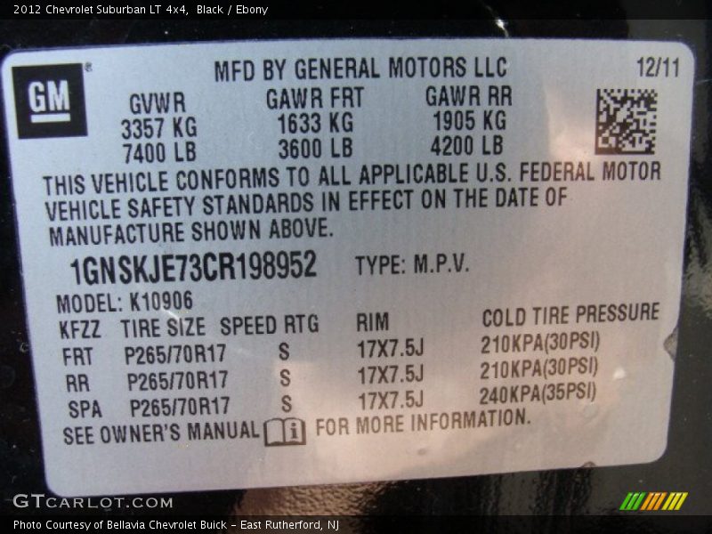 Black / Ebony 2012 Chevrolet Suburban LT 4x4