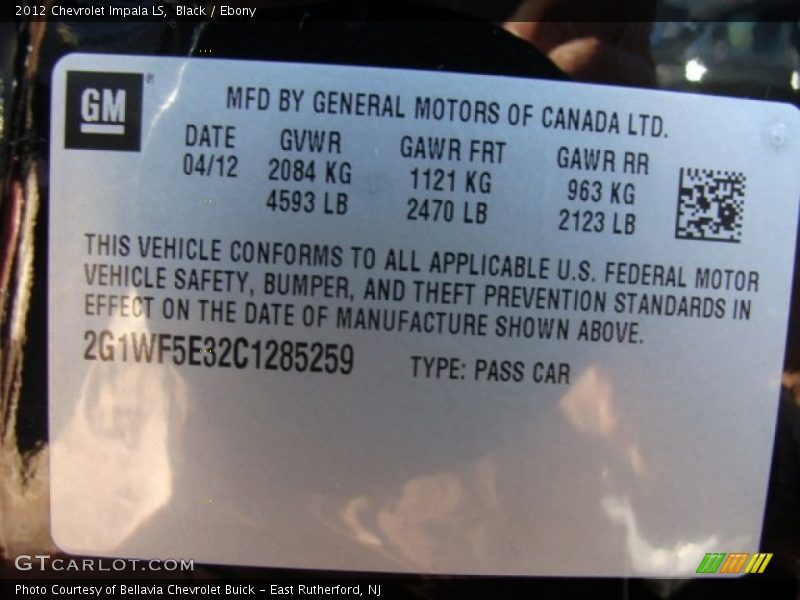 Black / Ebony 2012 Chevrolet Impala LS