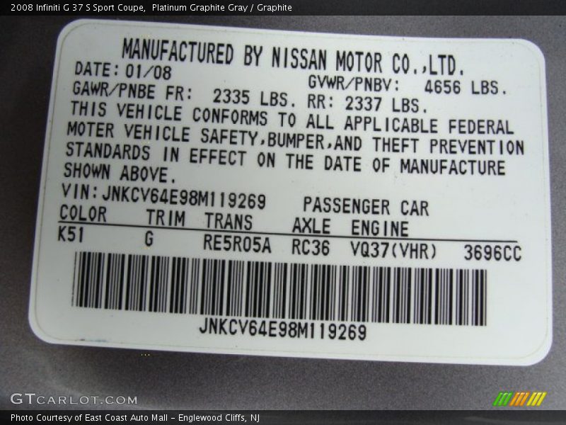2008 G 37 S Sport Coupe Platinum Graphite Gray Color Code K51