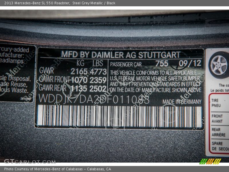 Steel Grey Metallic / Black 2013 Mercedes-Benz SL 550 Roadster