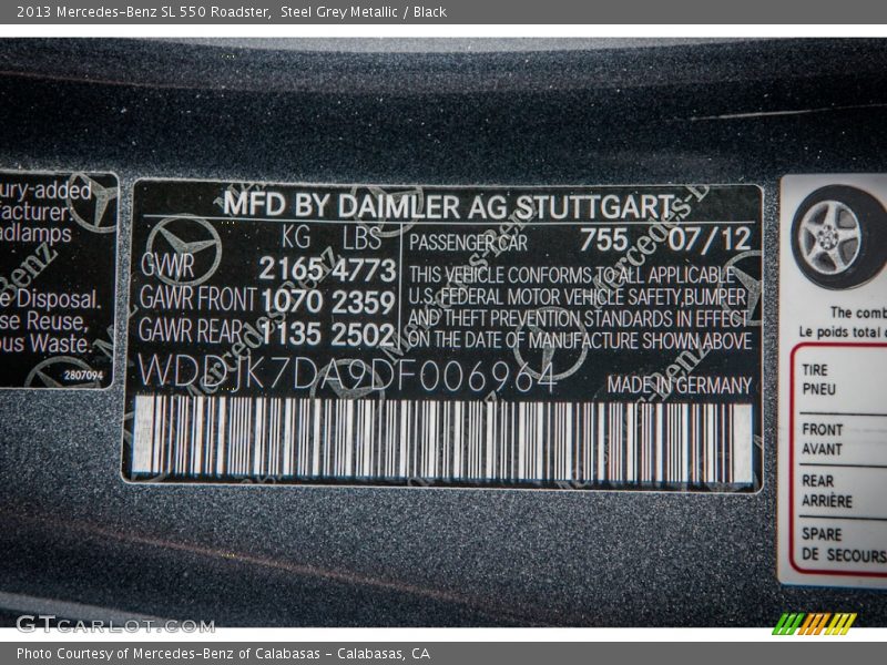 2013 SL 550 Roadster Steel Grey Metallic Color Code 755