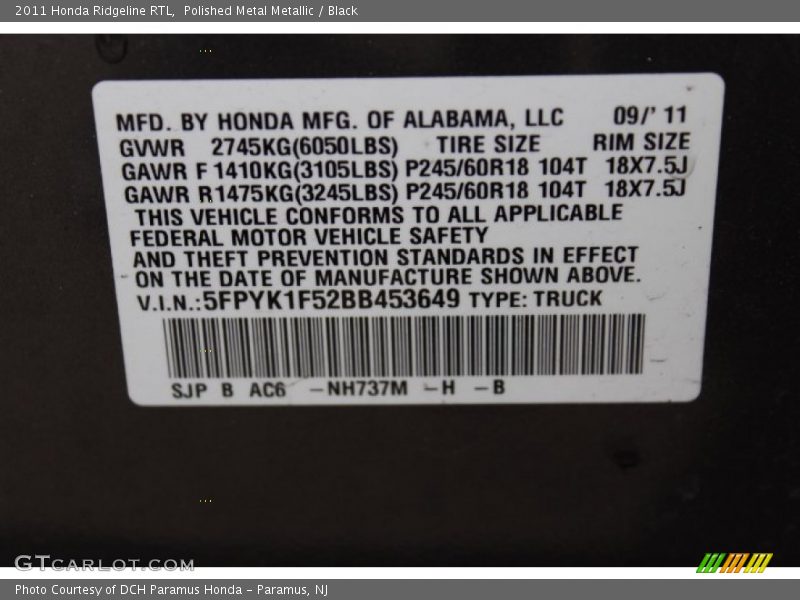 Polished Metal Metallic / Black 2011 Honda Ridgeline RTL