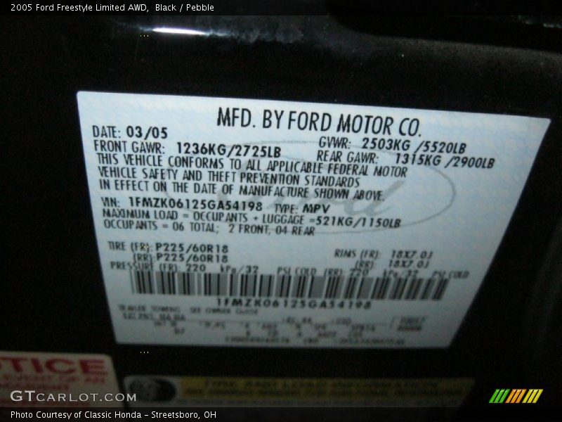 Black / Pebble 2005 Ford Freestyle Limited AWD
