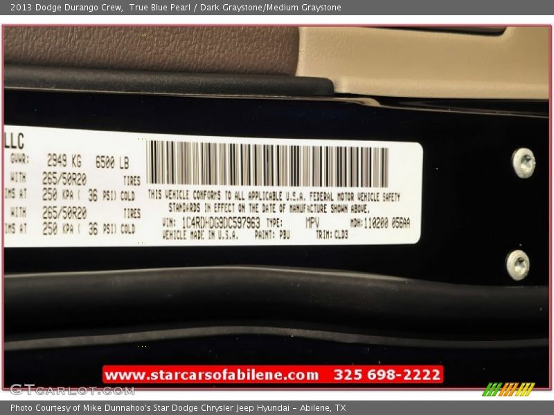 True Blue Pearl / Dark Graystone/Medium Graystone 2013 Dodge Durango Crew