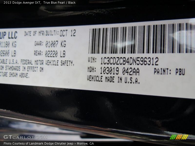 2013 Avenger SXT True Blue Pearl Color Code PBU