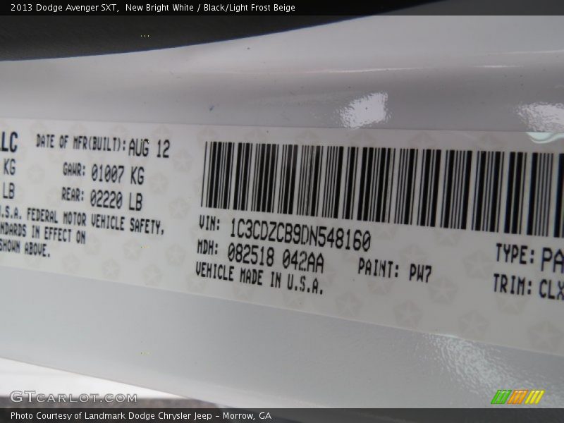 New Bright White / Black/Light Frost Beige 2013 Dodge Avenger SXT