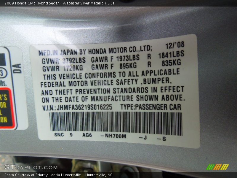 Alabaster Silver Metallic / Blue 2009 Honda Civic Hybrid Sedan