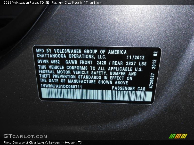 Platinum Gray Metallic / Titan Black 2013 Volkswagen Passat TDI SE