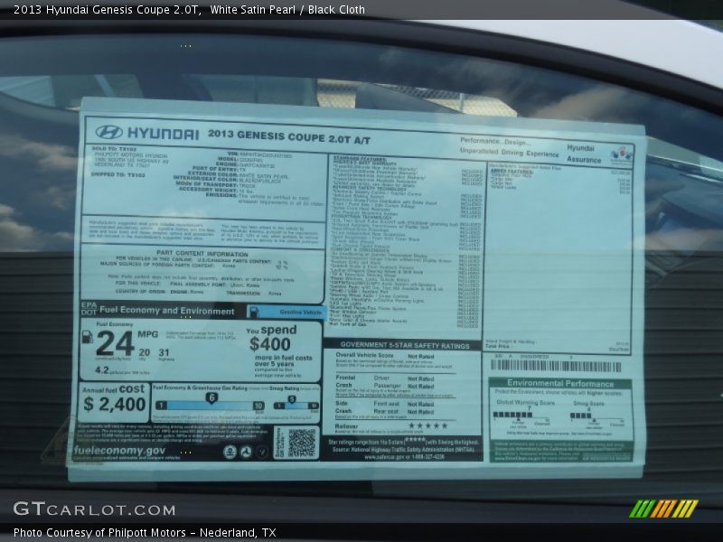  2013 Genesis Coupe 2.0T Window Sticker