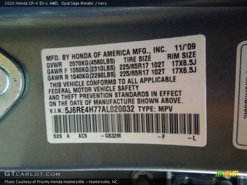 Opal Sage Metallic / Ivory 2010 Honda CR-V EX-L AWD