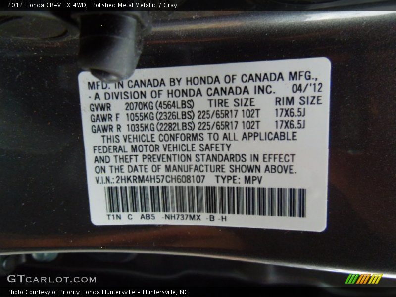 Polished Metal Metallic / Gray 2012 Honda CR-V EX 4WD