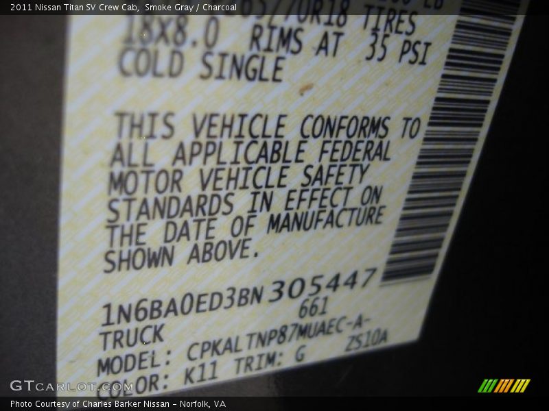 Smoke Gray / Charcoal 2011 Nissan Titan SV Crew Cab
