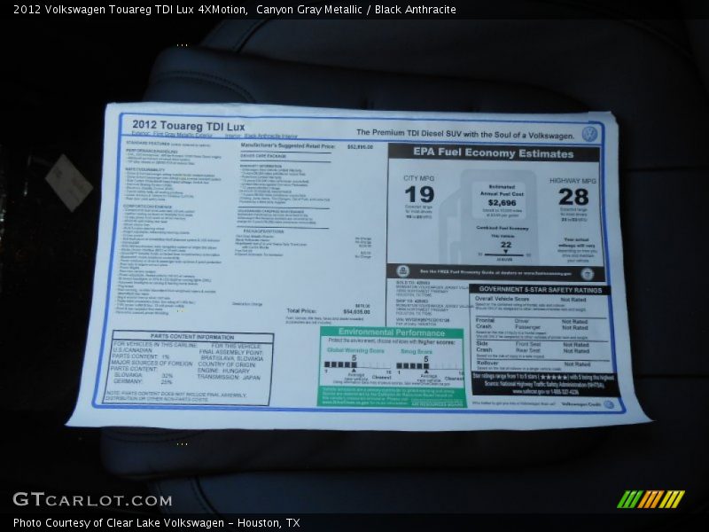 Canyon Gray Metallic / Black Anthracite 2012 Volkswagen Touareg TDI Lux 4XMotion