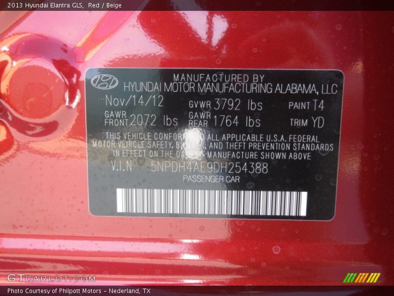 Red / Beige 2013 Hyundai Elantra GLS