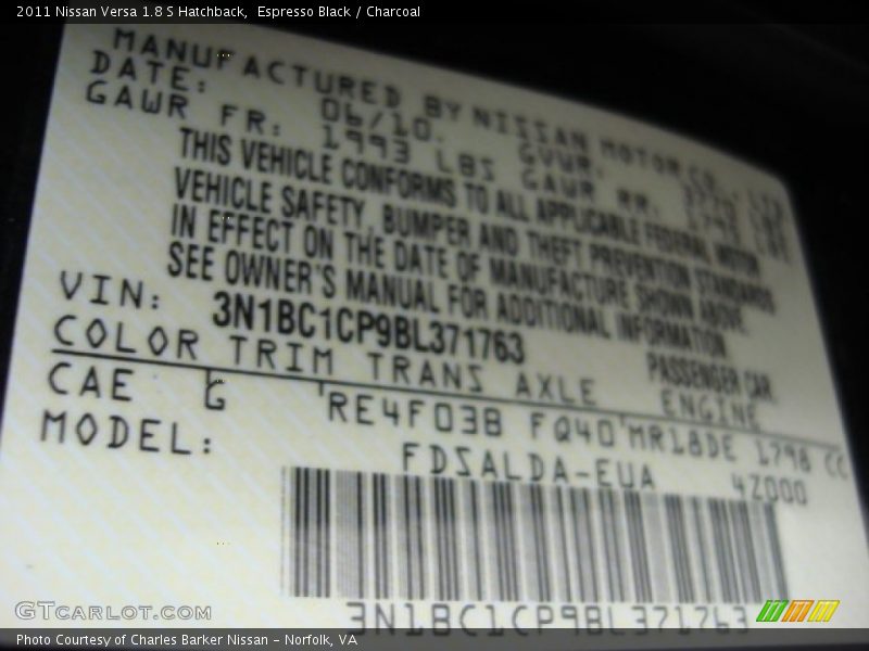 Espresso Black / Charcoal 2011 Nissan Versa 1.8 S Hatchback